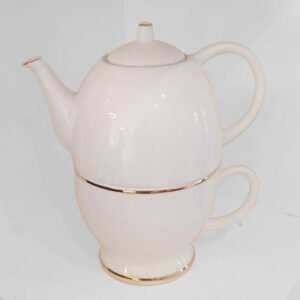 GOLD LINE WHITE PORCELAIN TEAPOT WITH CUP